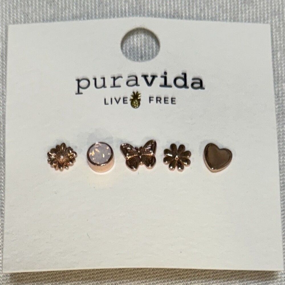 Pura Vida Rose Gold Plated Earrings Set Of 5 Pieces Accent Studs NWT